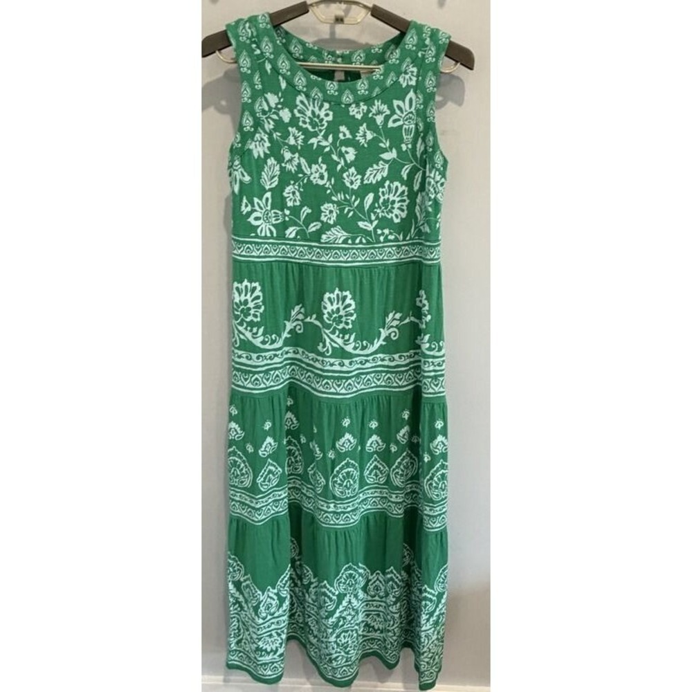 J Jill Kelly Green Sleeveless Maxi Dress Tiered Print Slub Stretch Size XS
